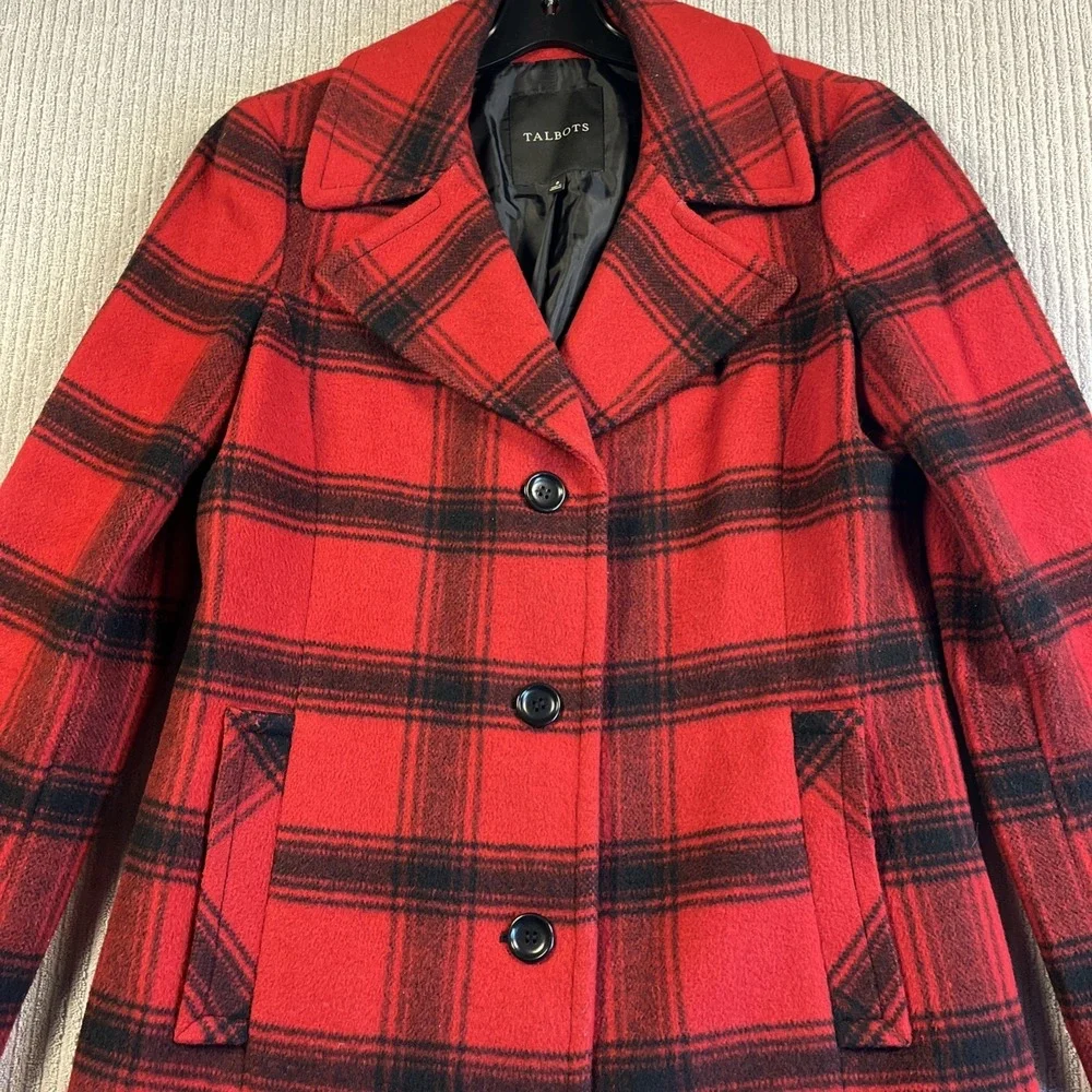 Talbots Coat Women's 8 Red Plaid Mid Length Wool Nylon Blend Jacket M